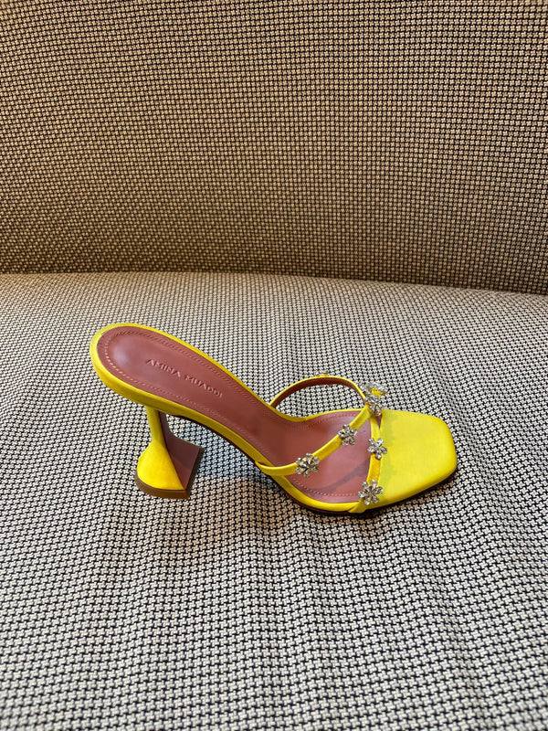 Amina Muaddi Lily Crystal Satin Yellow Mule Slipper