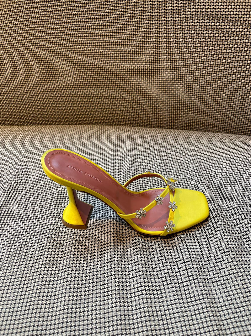 Amina Muaddi Lily Crystal Satin Yellow Mule Slipper