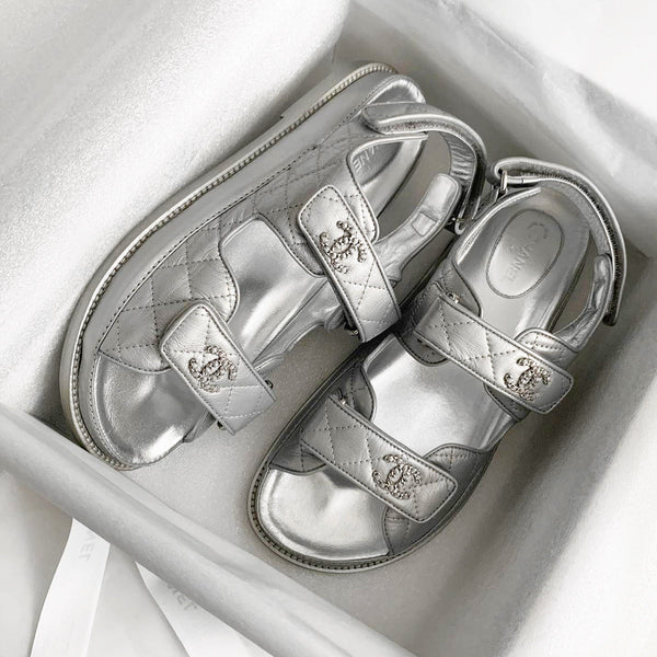 Chanel Metallic Leather CC 'Dad' Sandals (Silver)