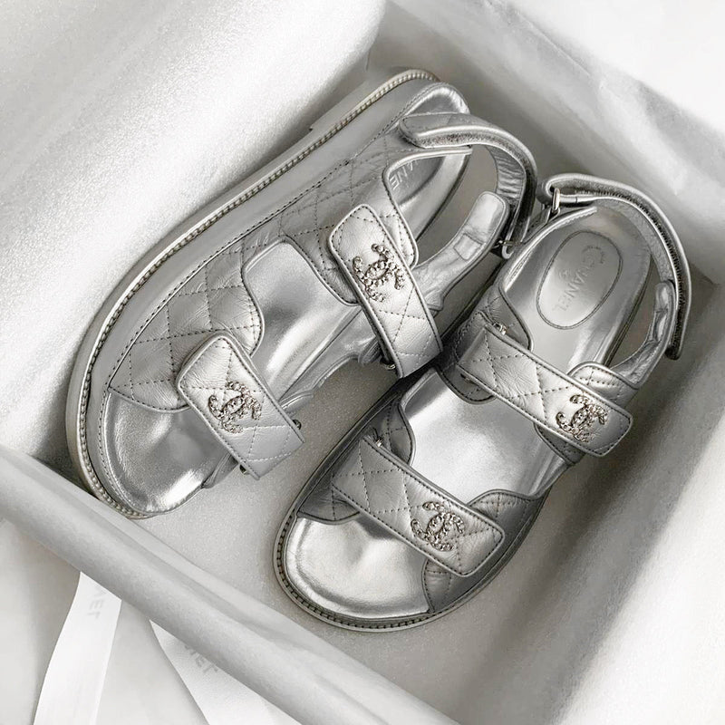 Chanel Metallic Leather CC 'Dad' Sandals (Silver)