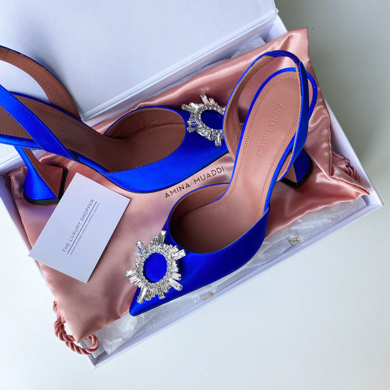 Amina Muaddi Begum Satin Slingback Pumps Blue