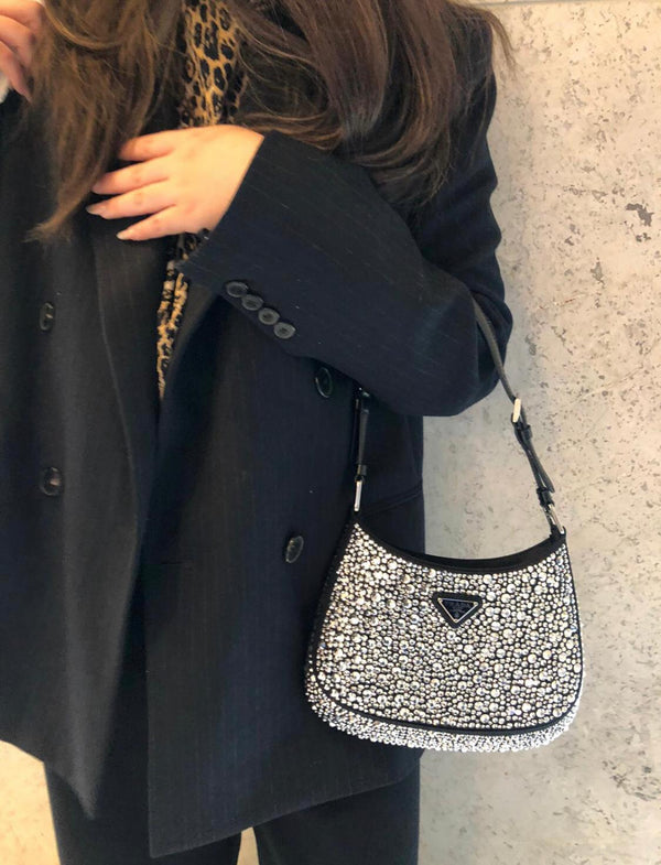 Prada Cleo Satin Bag With Appliqués Crystals (Metal/Black)