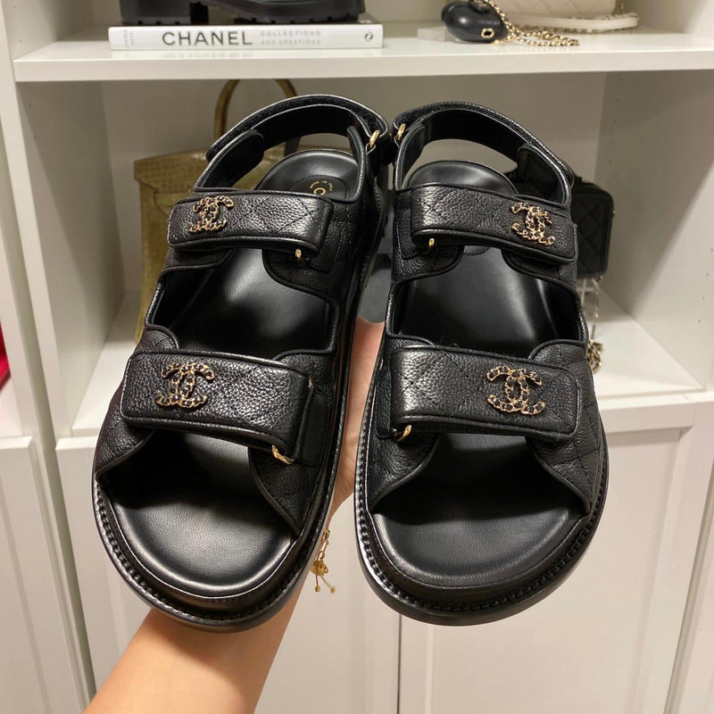 Chanel Caviar Leather CC 'Dad' Sandals (Black/Gold)
