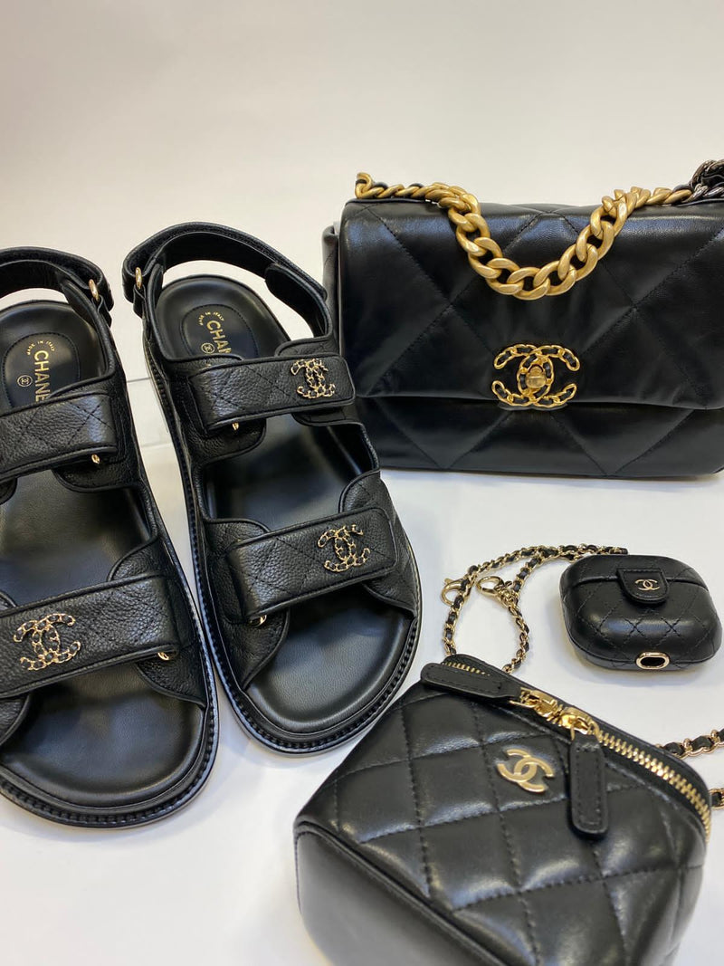 Chanel Caviar Leather CC 'Dad' Sandals (Black/Gold)