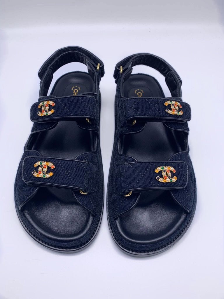 Chanel Velvet CC 'Dad' Sandals Navy