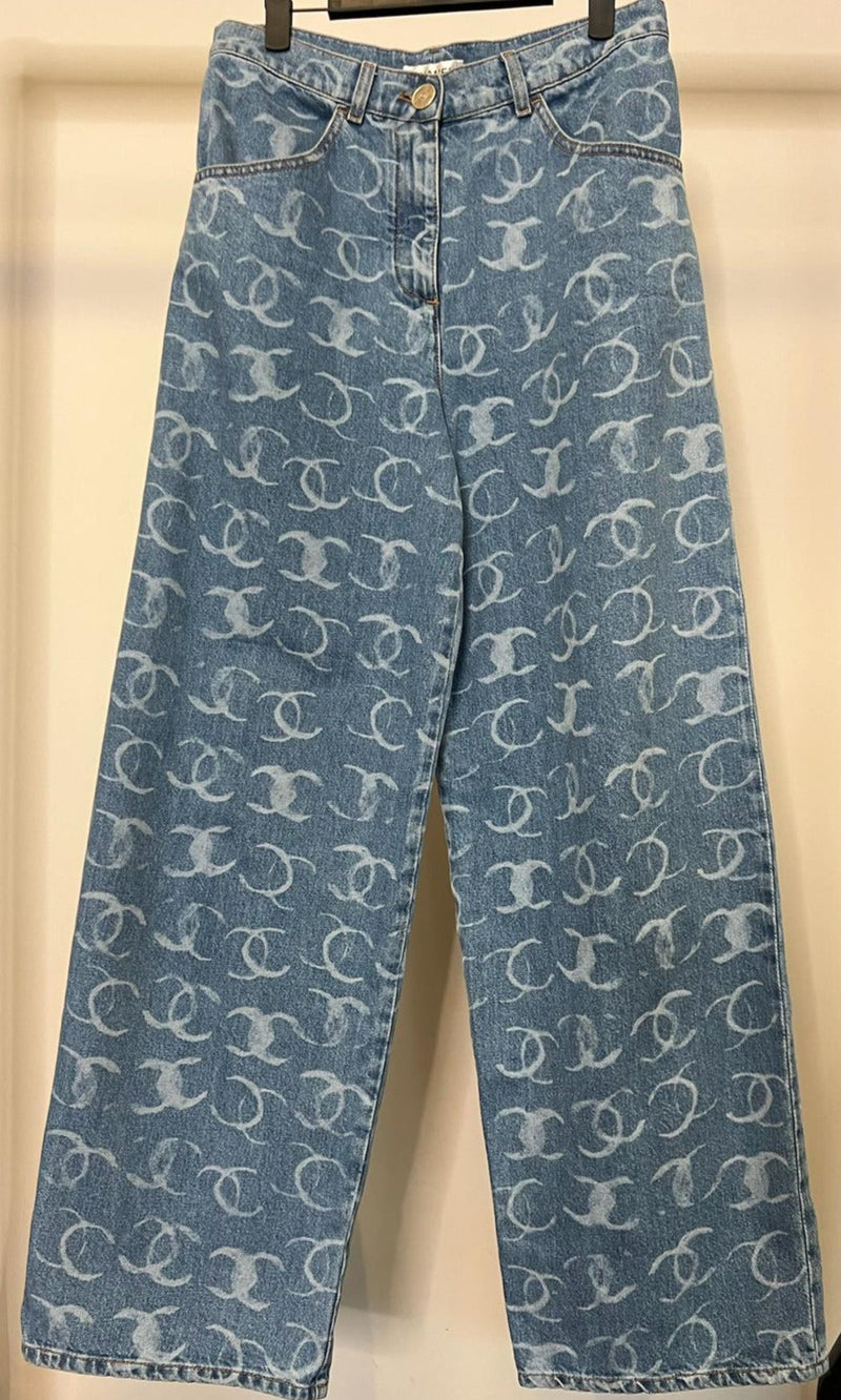 Chanel CC Printed Logo Embroidered Denim Wide Leg Jeans