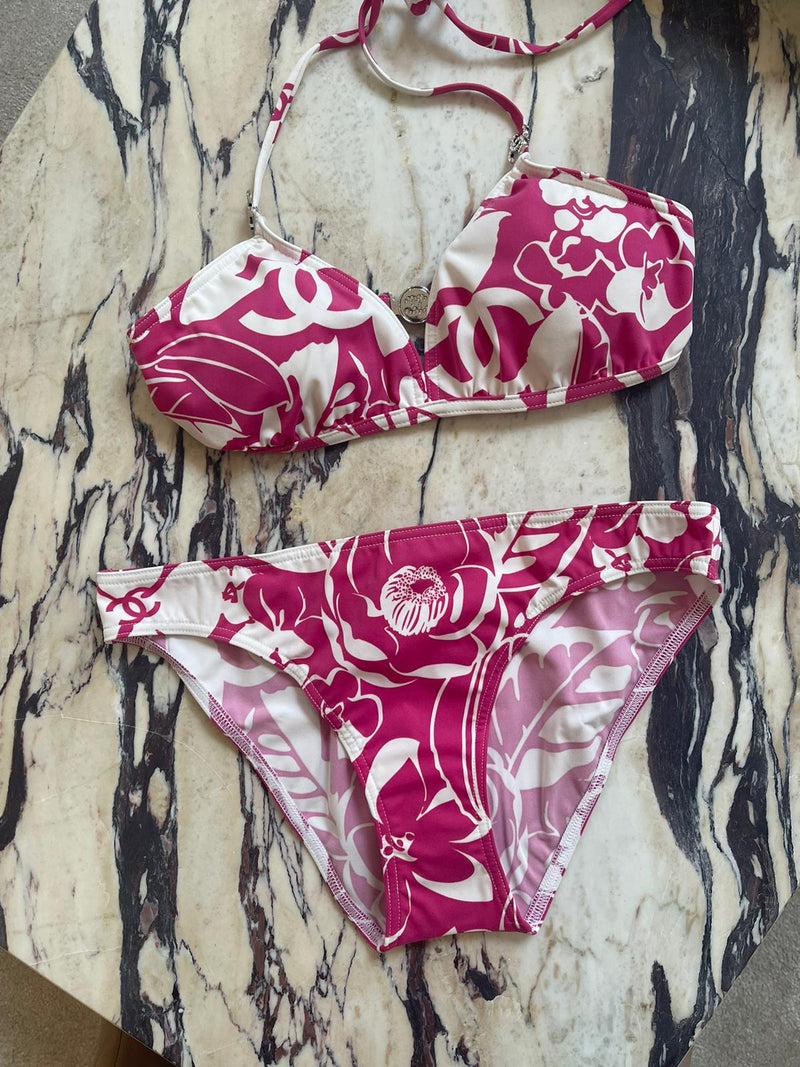 Chanel Coco Beach Triangle Bikini Pink & White