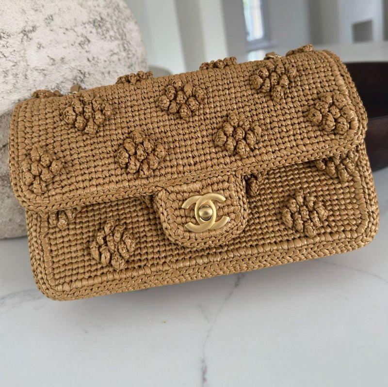 Chanel Flap Bag Raffia Effect Braided & Gold-Tone Metal (Camel)