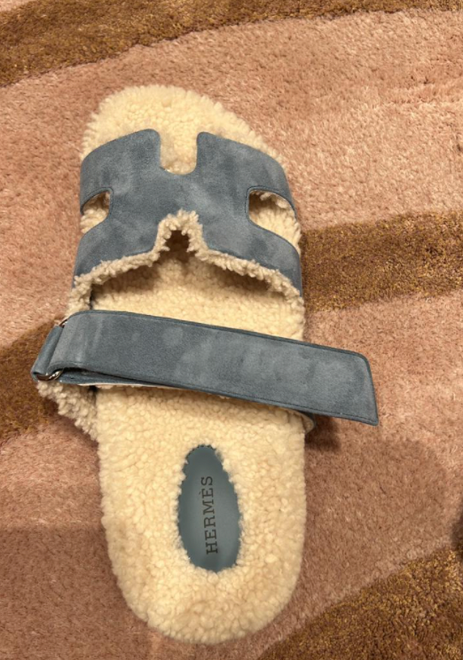 Hermès Chypre Shearling Sandals (Bleu Pinède)