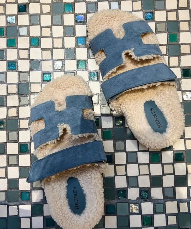 Hermès Chypre Shearling Sandals (Bleu Pinède)