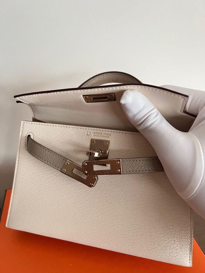 Hermès Mini Kelly 20 HSS Nata & Gris Tourterelle Chevre Mysore Permabrass