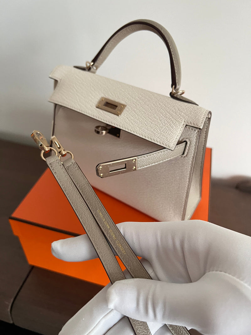 Hermès Mini Kelly 20 HSS Nata & Gris Tourterelle Chevre Mysore Permabrass