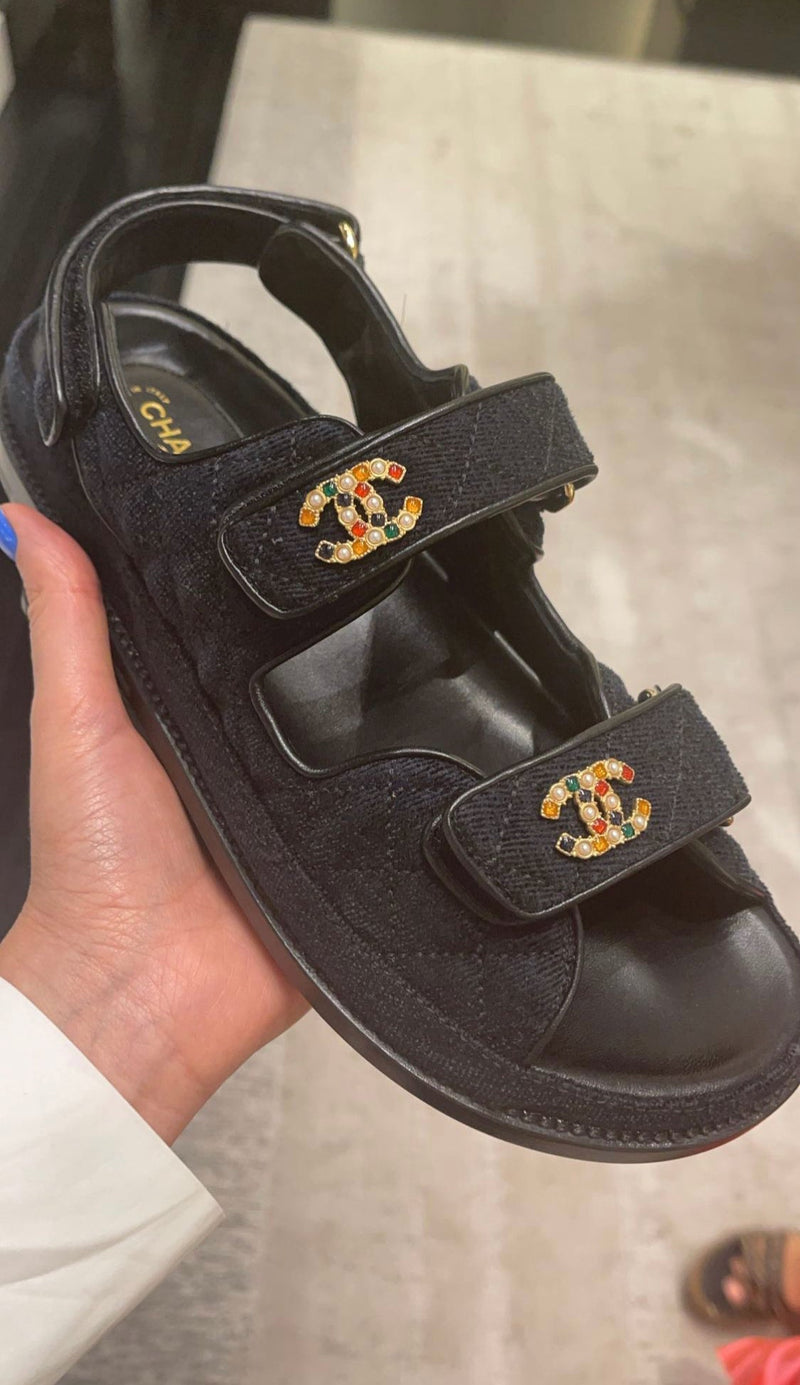 Chanel Velvet CC 'Dad' Sandals Navy