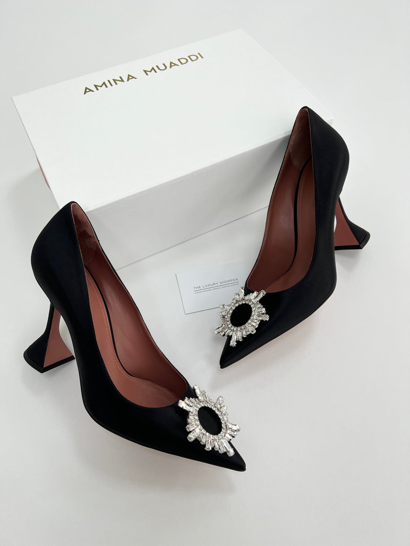 Amina Muaddi Begum Satin Black Crystal Pumps