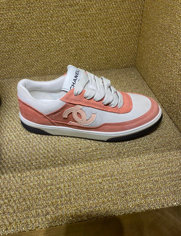 Chanel CC Logo Suede Kidskin Trainers (Peach / Pink)