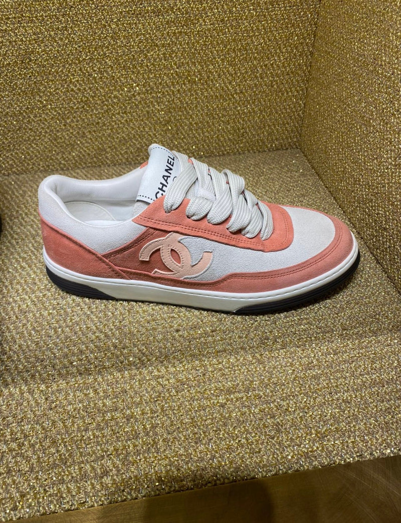 Chanel CC Logo Suede Kidskin Trainers (Peach / Pink)