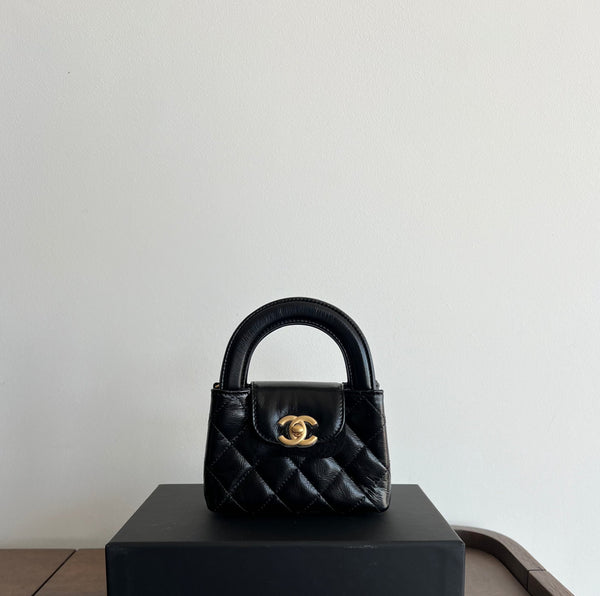 Chanel Kelly Shopping Bag Shiny Aged Calfskin & Gold Hardware Black (Nano)