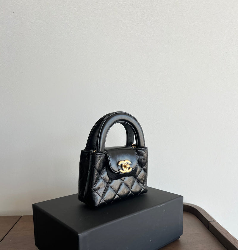 Chanel Kelly Shopping Bag Shiny Aged Calfskin & Gold Hardware Black (Nano)