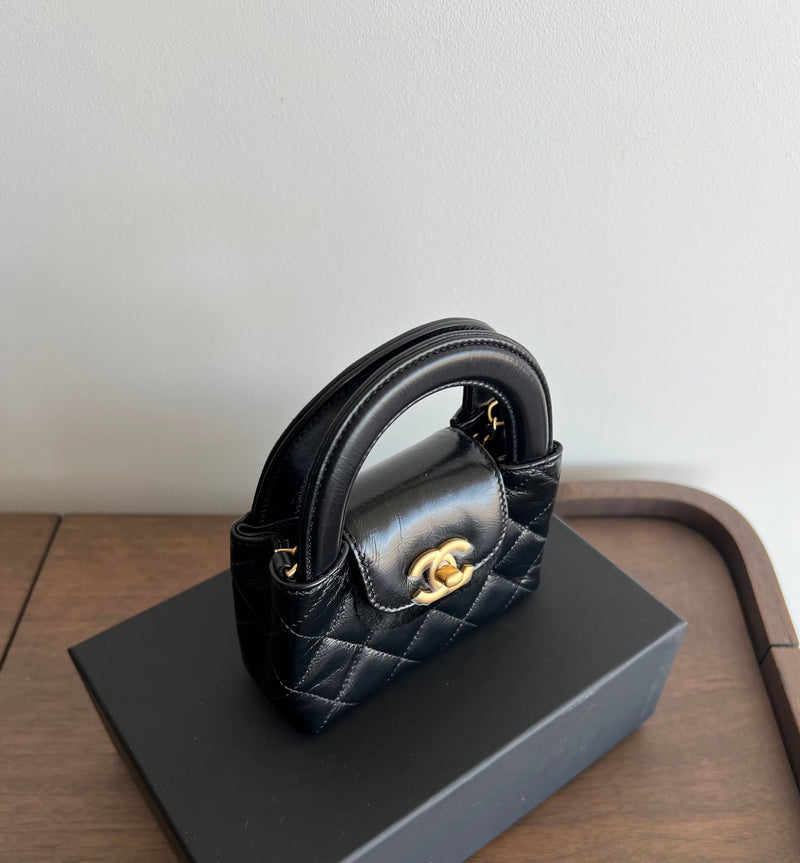 Chanel Kelly Shopping Bag Shiny Aged Calfskin & Gold Hardware Black (Nano)