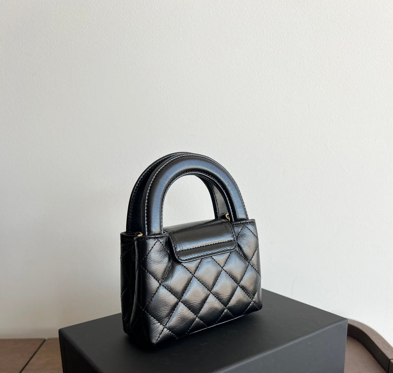 Chanel Kelly Shopping Bag Shiny Aged Calfskin & Gold Hardware Black (Nano)