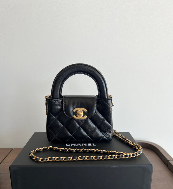 Chanel Kelly Shopping Bag Shiny Aged Calfskin & Gold Hardware Black (Nano)