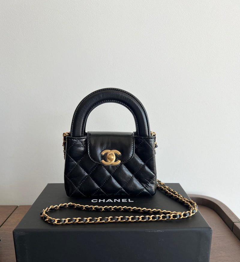 Chanel Kelly Shopping Bag Shiny Aged Calfskin & Gold Hardware Black (Nano)
