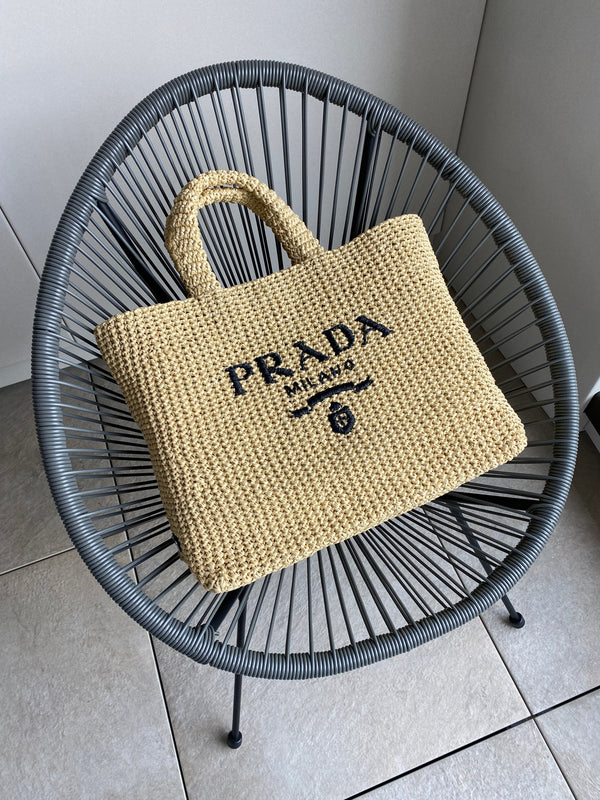 Prada Large Raffia Tote Bag (Tan)
