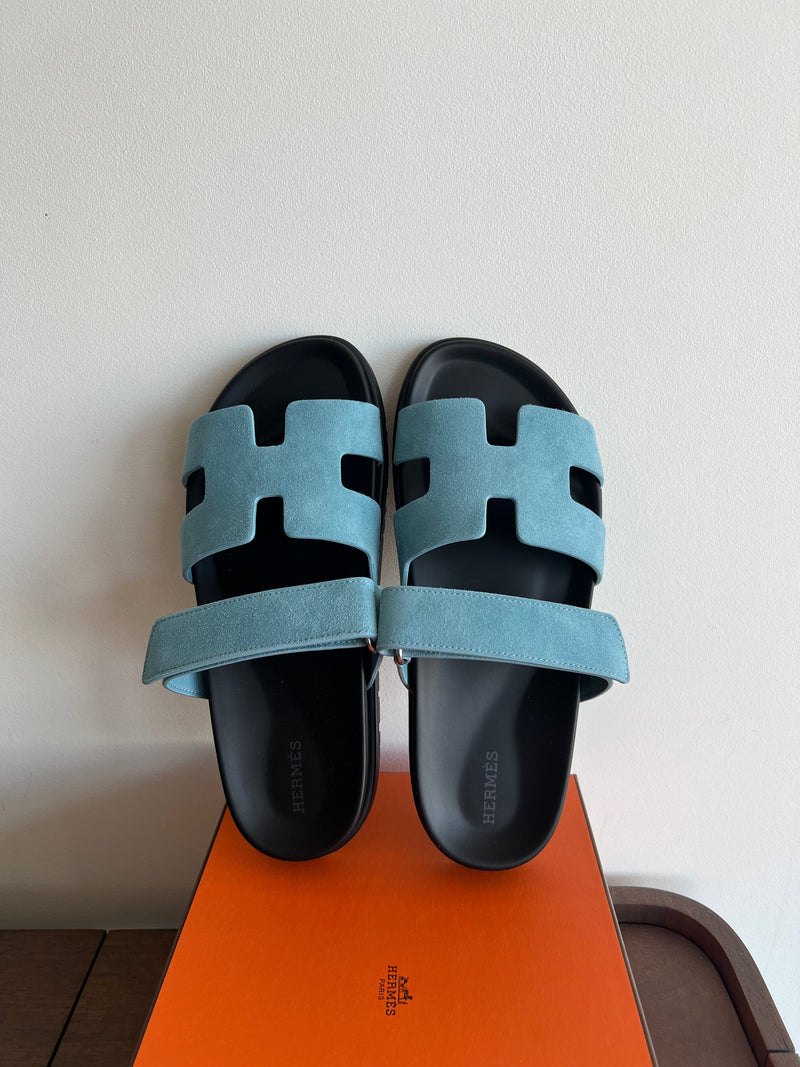 Hermès Chypre Suede Sandals (Bleu Minéral)