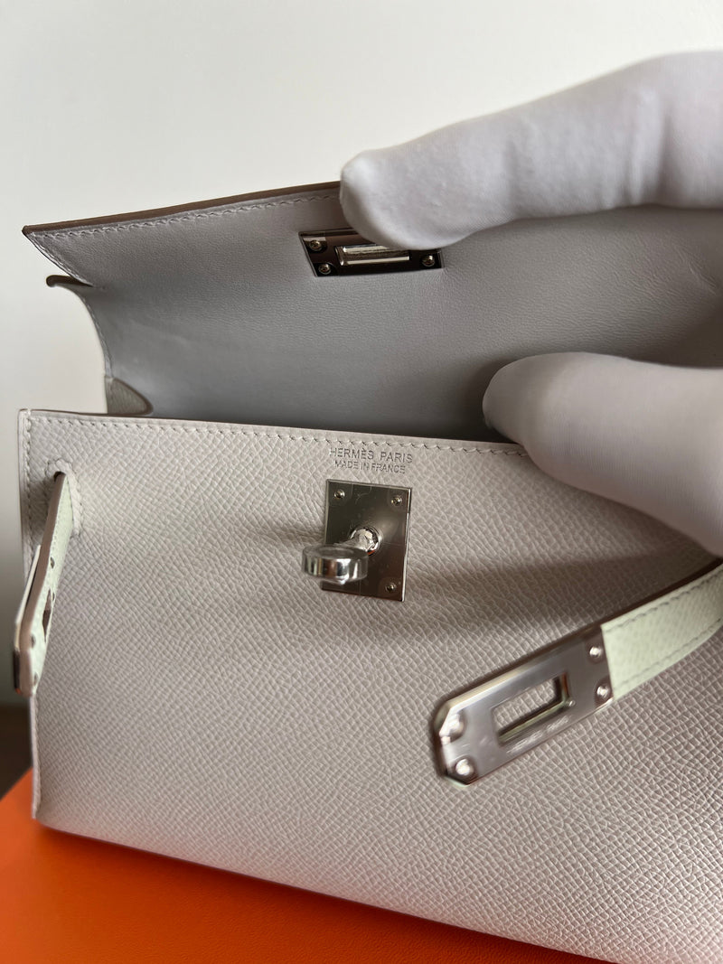 Hermès Mini Kelly 20 Gris Pale / Vert Fizz / Graphite Epsom PHW