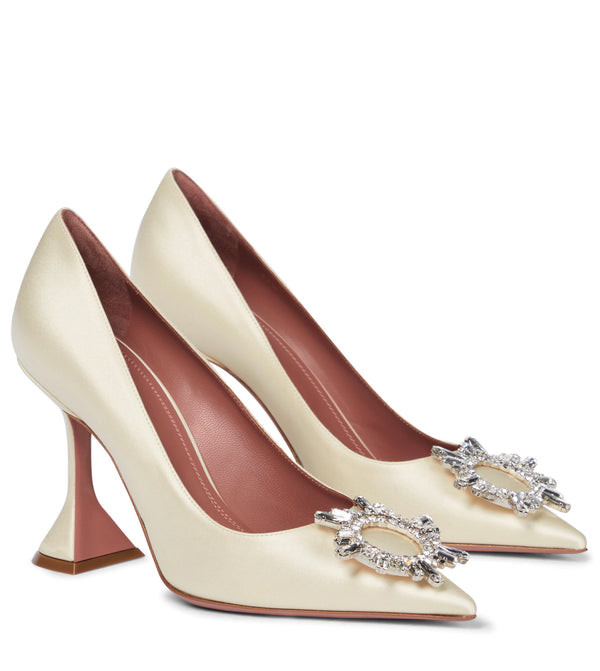 Amina Muaddi Begum Satin Ivory Crystal Pumps
