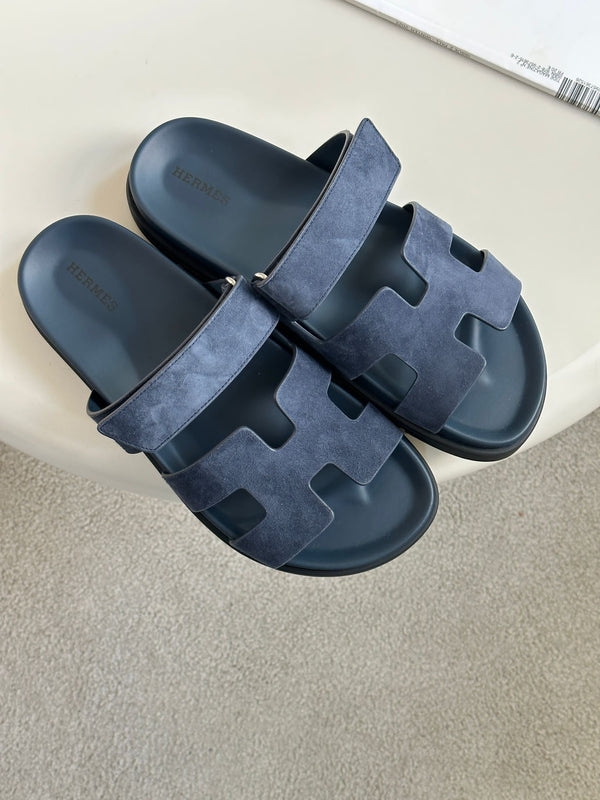 Hermès Chypre Suede Sandals (Bleu Céleste)