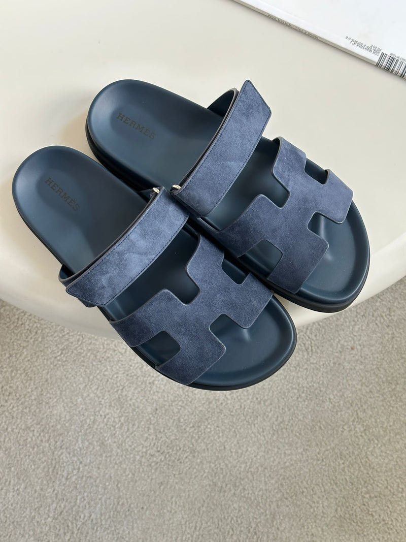 Hermès Chypre Suede Sandals (Bleu Céleste)