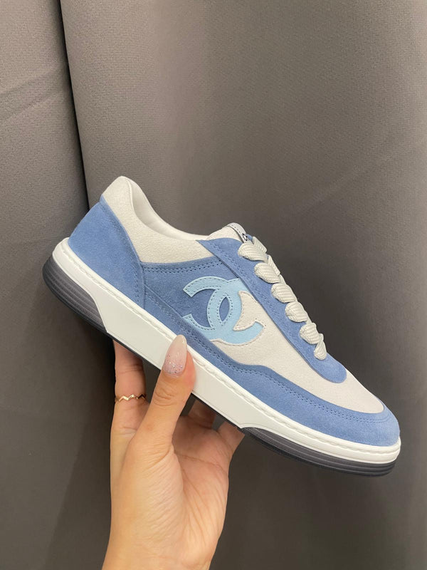 Chanel CC Logo Suede Kidskin Trainers (Baby Blue)
