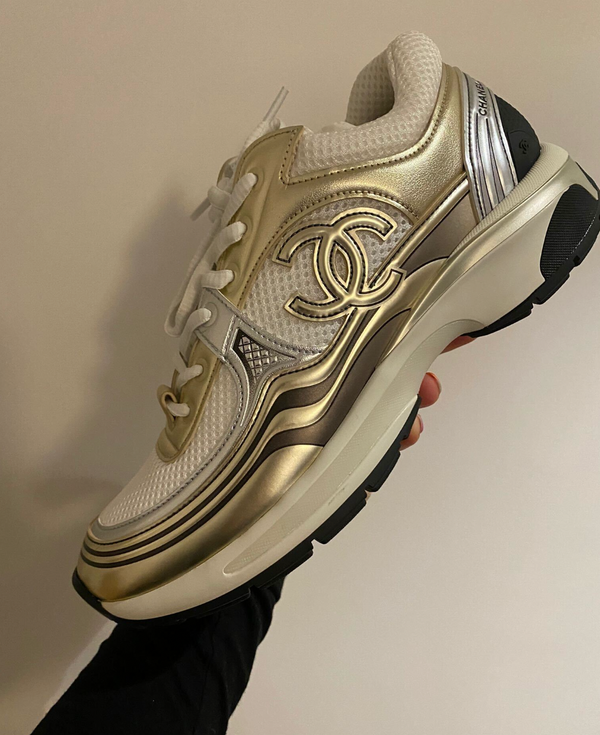 Chanel CC Logo Metallic Trainer (White/Gold/Silver)