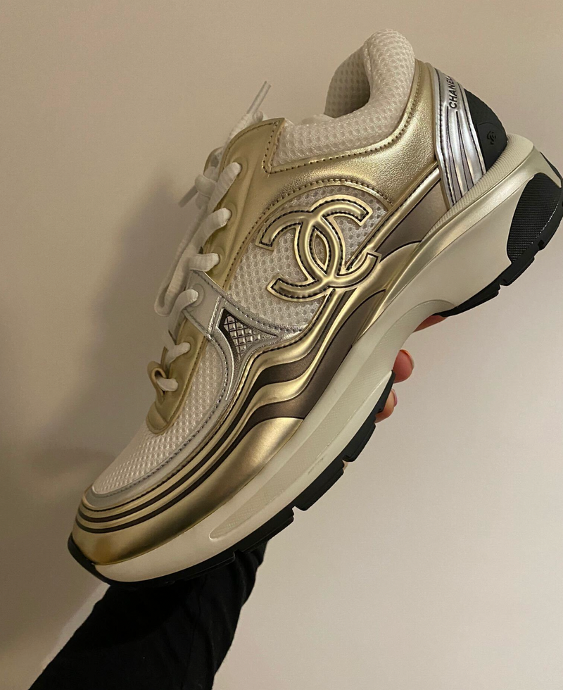 Chanel CC Logo Metallic Trainer (White/Gold/Silver)