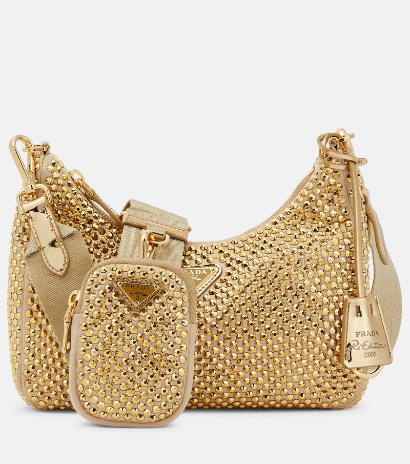 Prada Re-Edition 2005 Crystal Embellished Cross Body Bag (Gold)