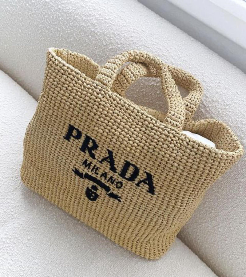 Prada Large Raffia Tote Bag (Tan)