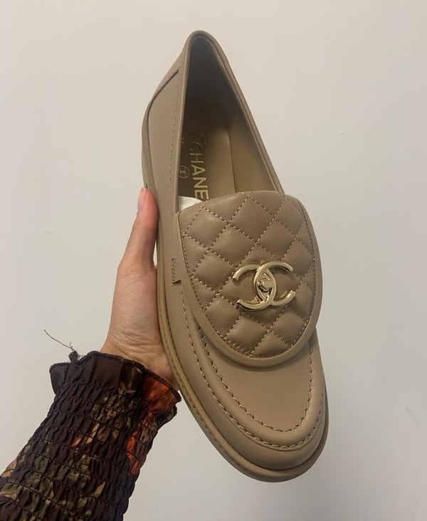 Chanel Quilted Leather Loafers (Beige)