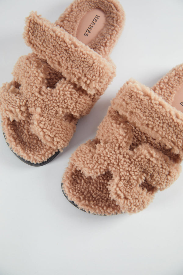 Hermès Chypre Full Shearling Sandals (Rose Aube)