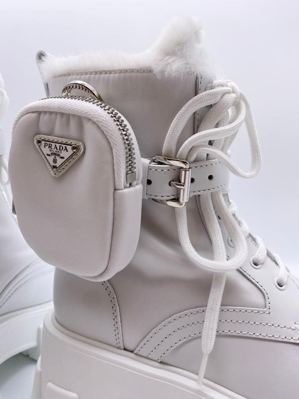 Prada Monolith Ankle Boots with Shearling Lining (White)