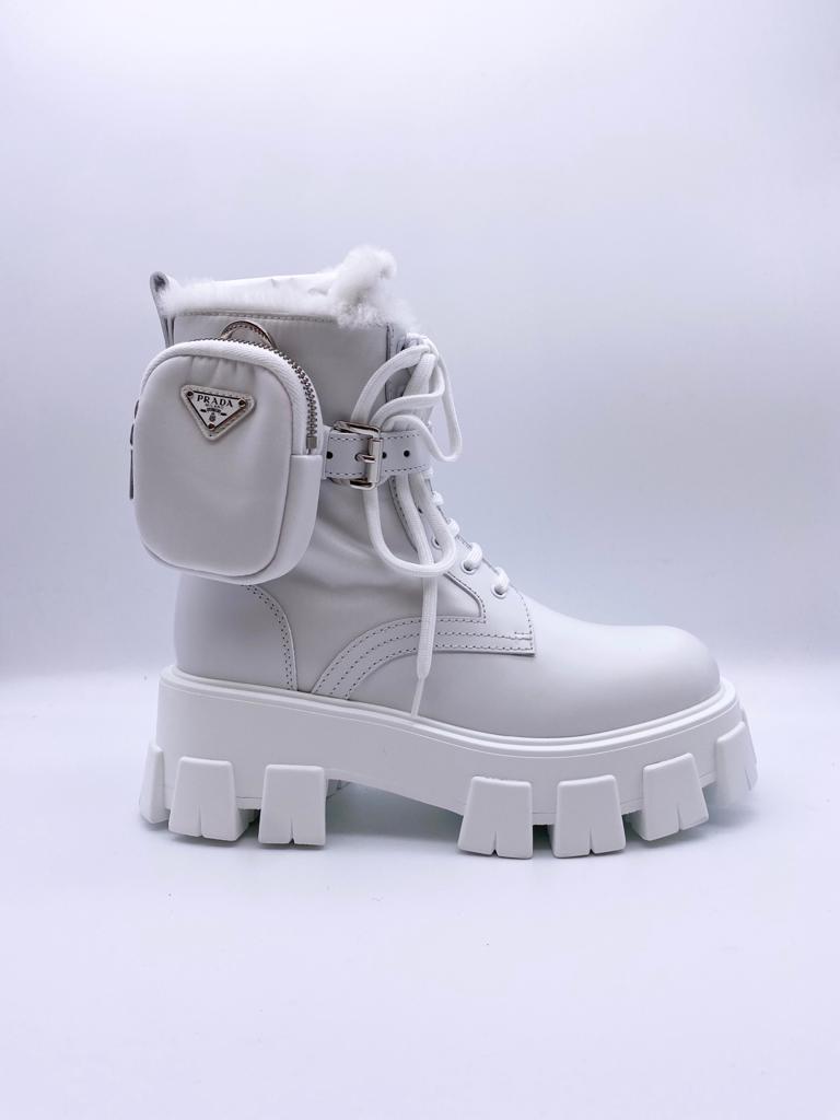 Prada Monolith Ankle Boots with Shearling Lining (White)