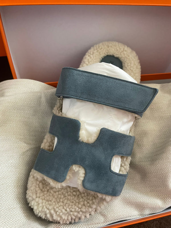 Hermès Chypre Shearling Sandals (Bleu Pinède)