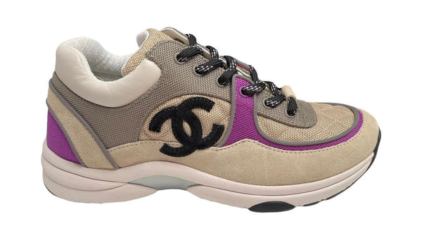 Chanel CC Logo Fabric & Suede Sneaker Beige (Reflective)