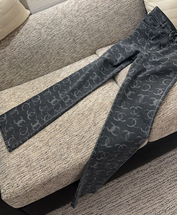 Chanel CC Printed Embroidered Denim Logo Jeans