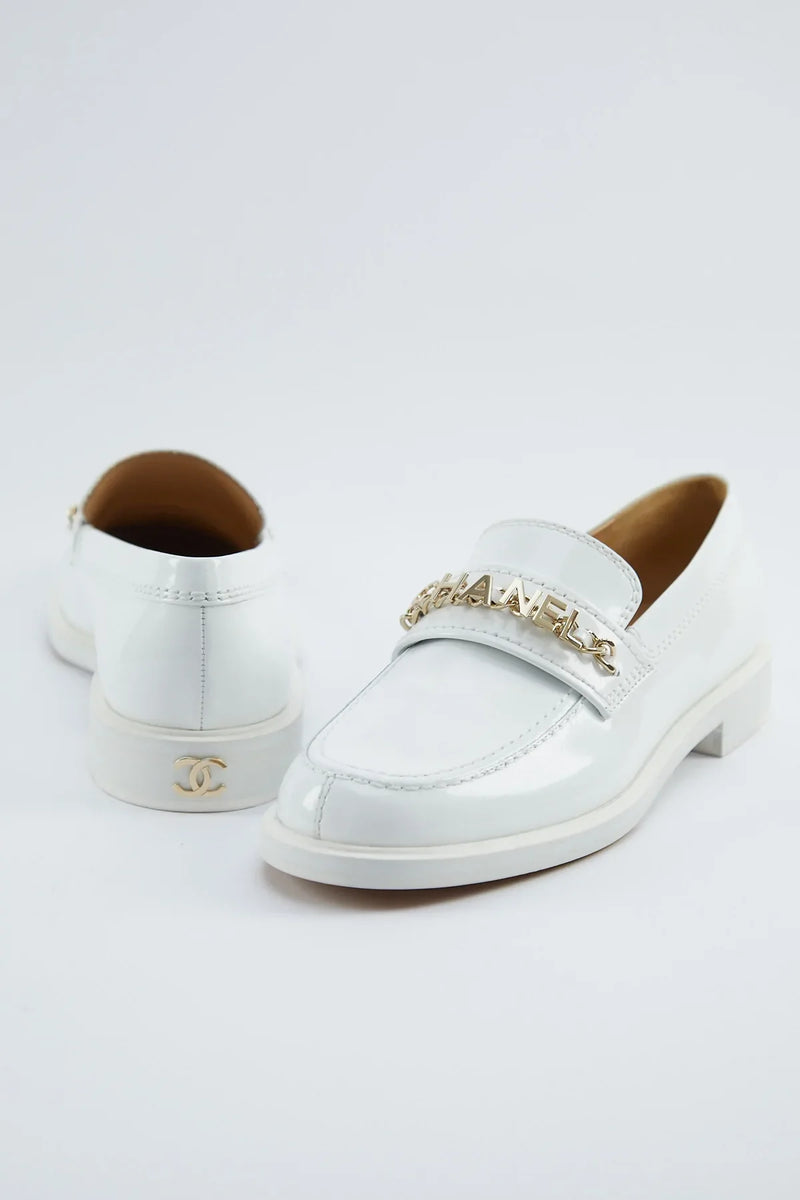 Chanel Shiny Patent Calfskin Loafers (White)
