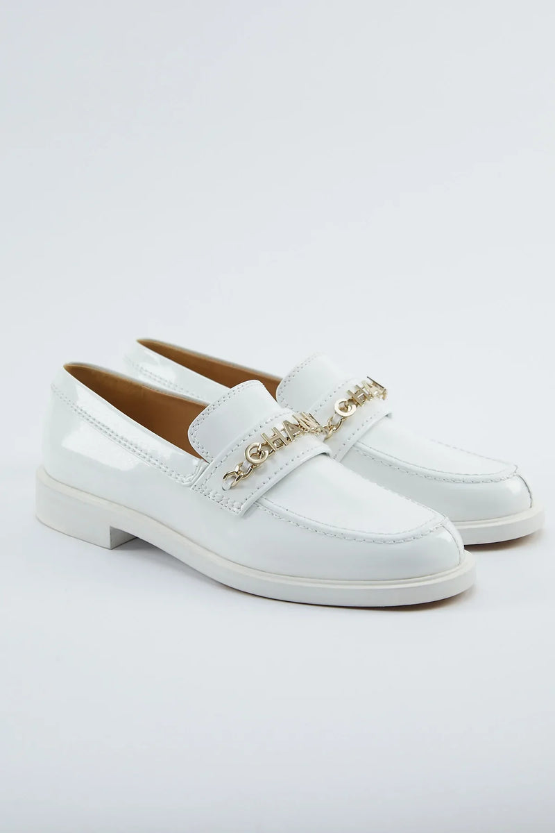 Chanel Shiny Patent Calfskin Loafers (White)