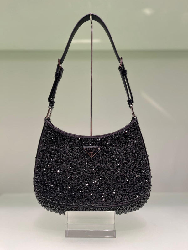 Prada Cleo Satin Bag With Appliqués Crystals (Black)