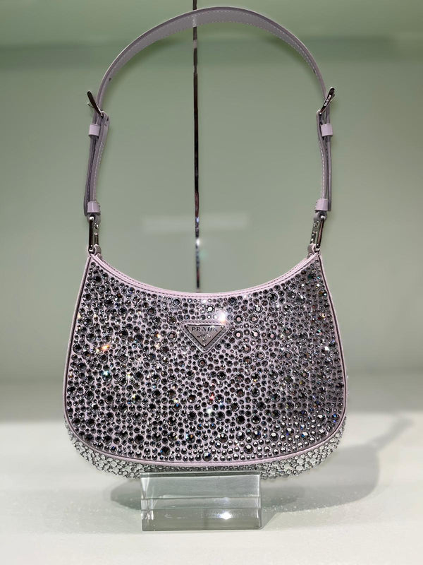 Prada Cleo Satin Bag With Appliqués Crystals (Perla)