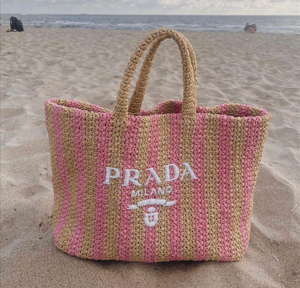 Prada Large Raffia Striped Tote Bag (Tan/Pink)