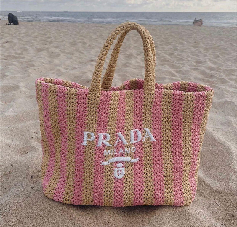 Prada Large Raffia Striped Tote Bag (Tan/Pink)